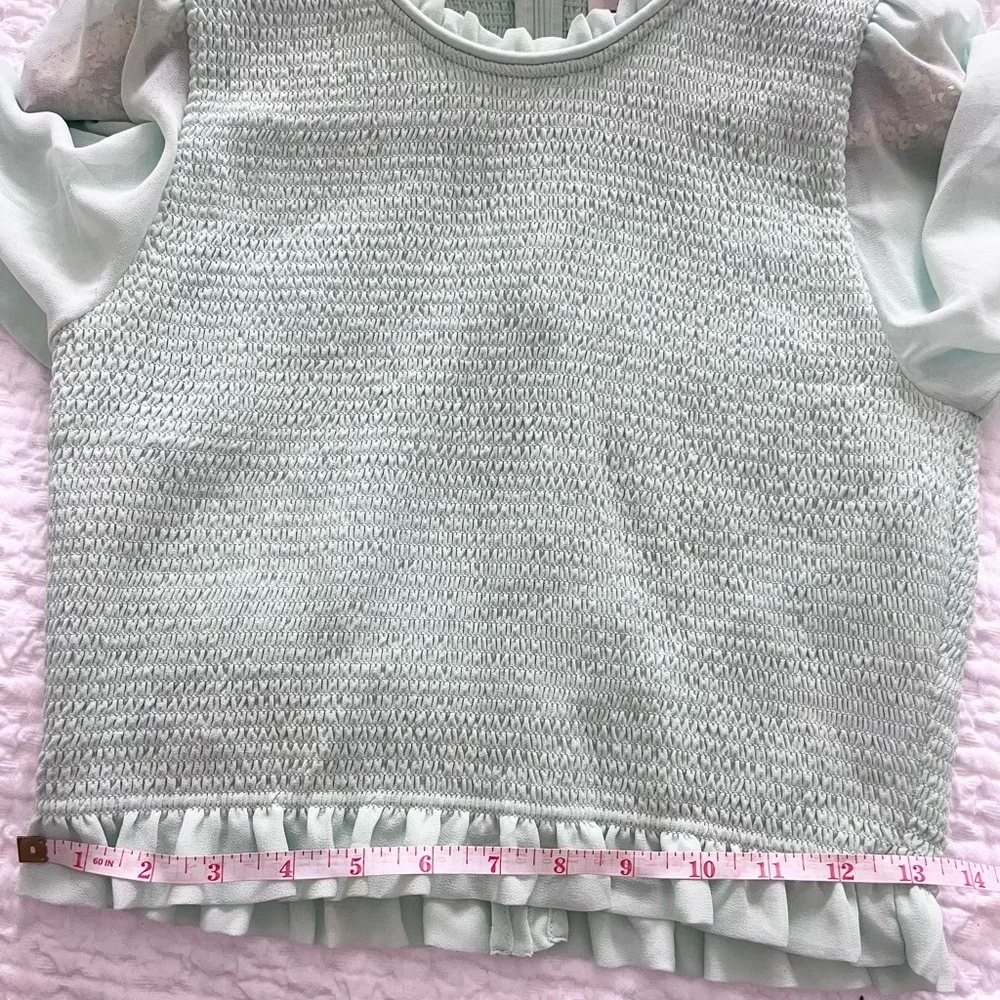 Aritzia Wilfred Pale Mint Smocked Chiffon Ruffle Temptest Top Cottagecore